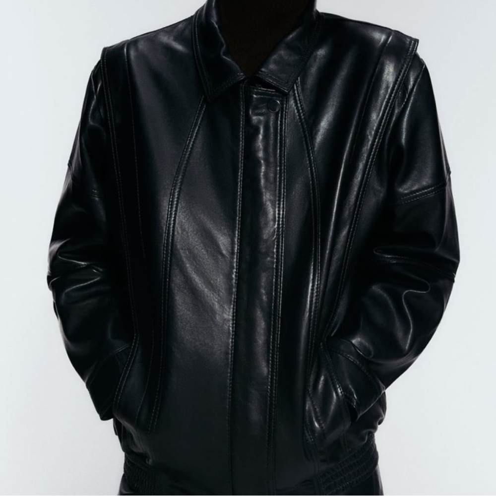 Zara Black Oversized Leather Bomber Jacket - Picture 10 of 10